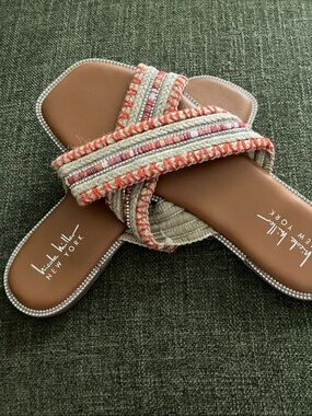 Nicole Miller Beige and Coral Braided Slide Sandals